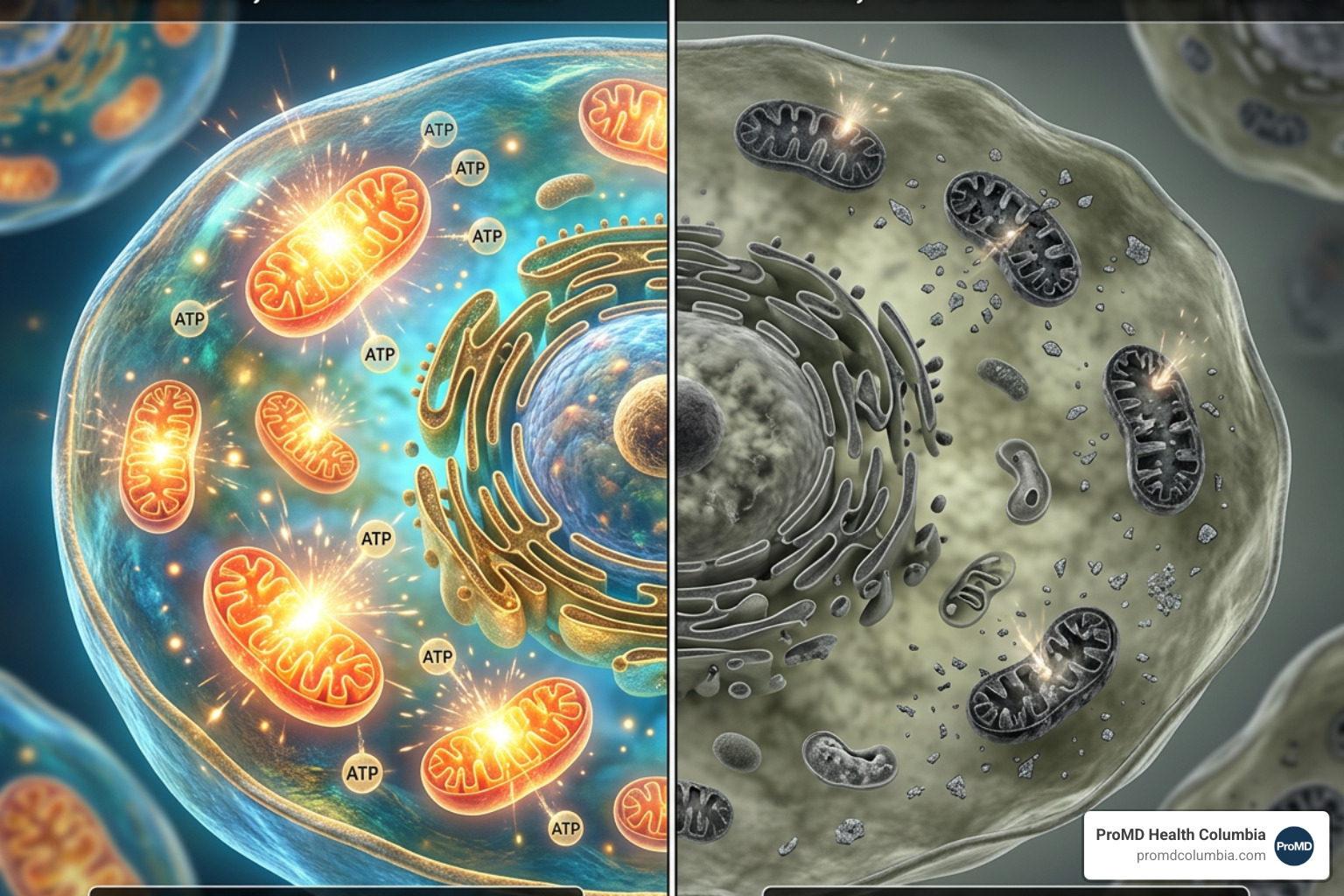 Visualizing the difference between healthy, high-energy cells and fatigued, nutrient-depleted cells - IV therapy for fatigue Visualizing the difference between healthy, high-energy cells and fatigued, nutrient-depleted cells - IV therapy for fatigue