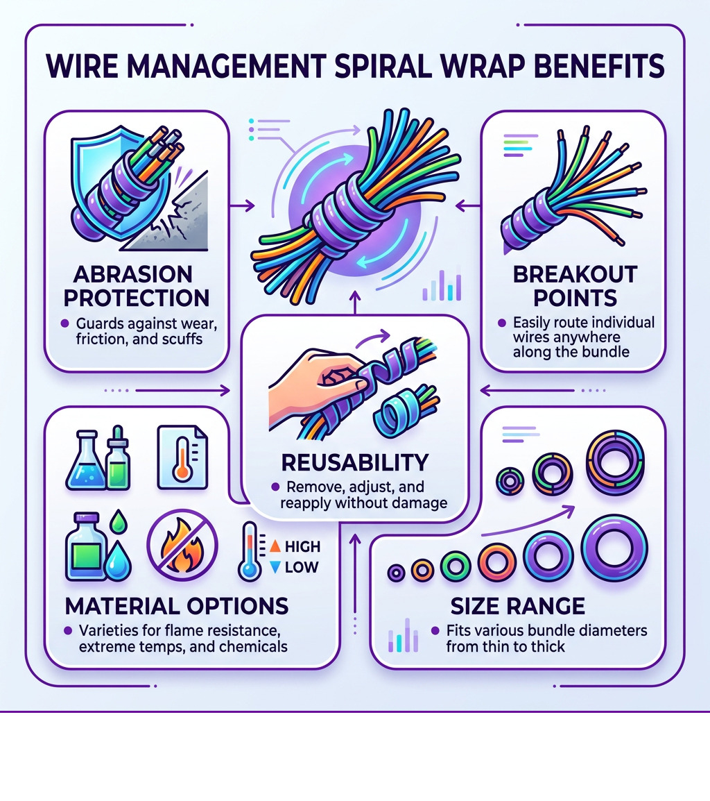 Infographic showing spiral wrap benefits: abrasion protection, breakout points, reusability, material options, and size Infographic showing spiral wrap benefits: abrasion protection, breakout points, reusability, material options, and size