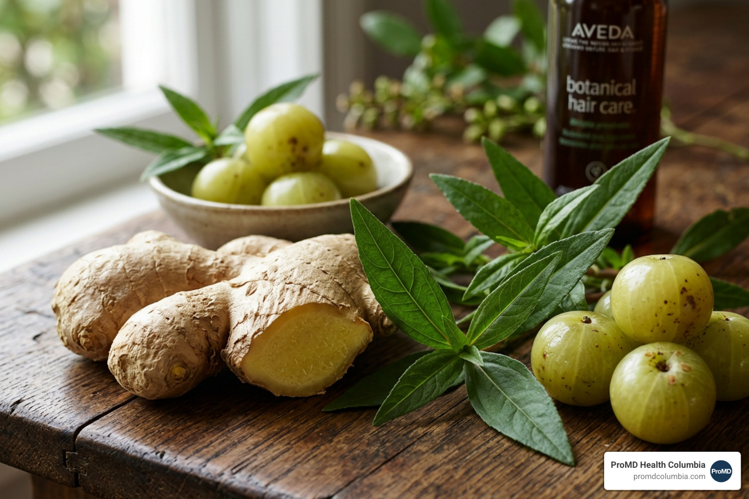 Botanical ingredients like ginger root, eclipta prostrata, and amla used in Aveda hair loss products - aveda hair loss