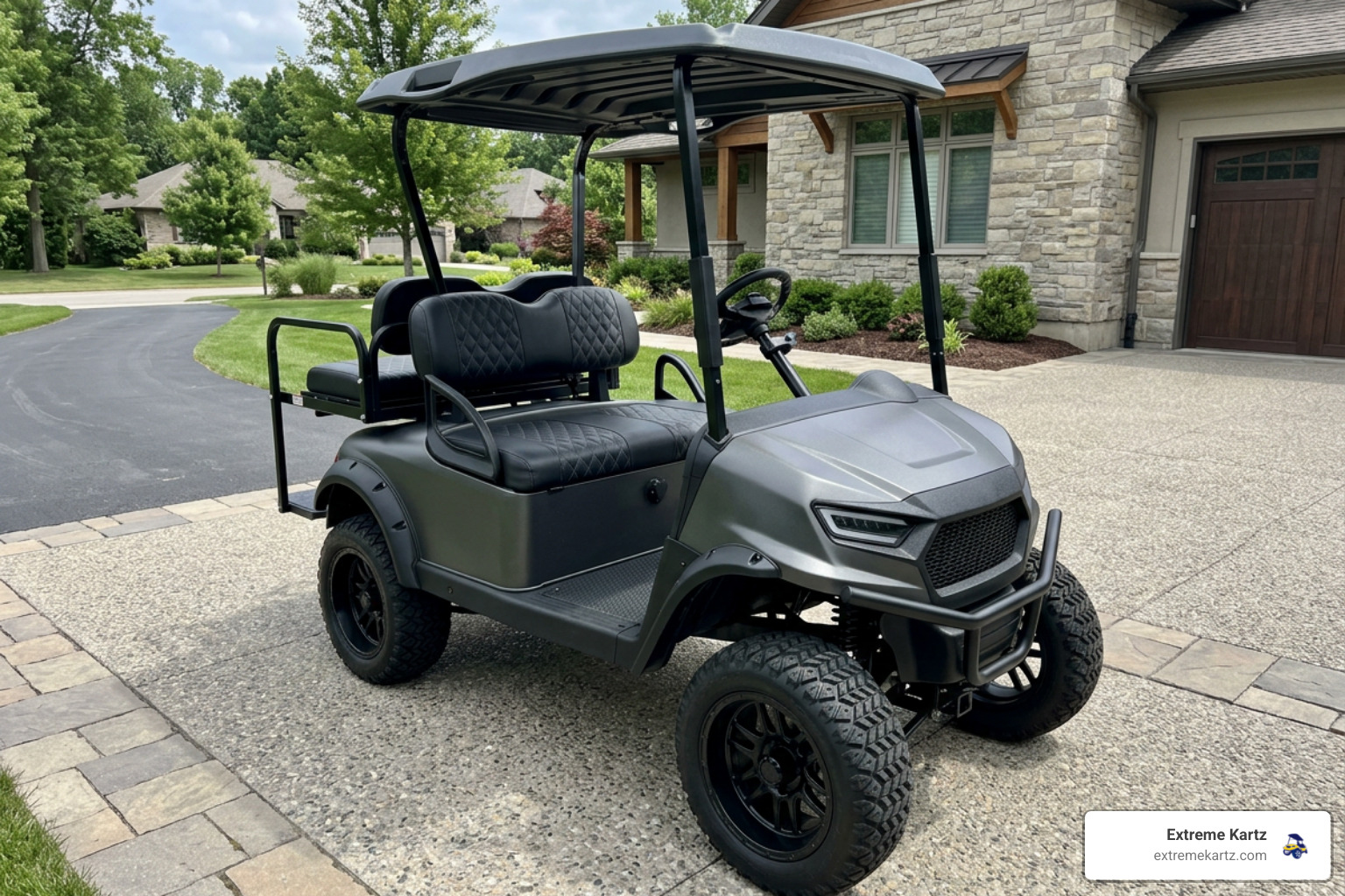 A sleek Madjax Apex body kit installed on an EZGO RXV in a modern driveway - ez go golf cart body