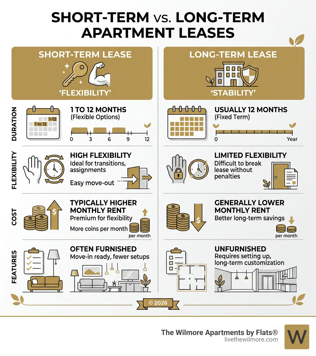 Infographic comparing short-term vs long-term apartment leases: duration, flexibility, cost, and features - Short term