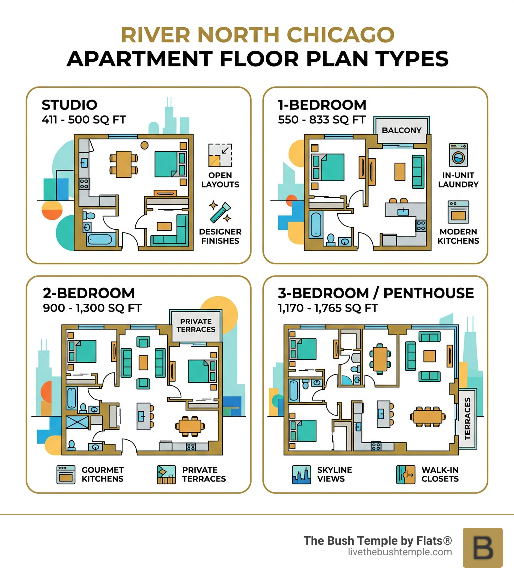 Common apartment floor plan types in River North Chicago by bedroom size and square footage - floorplans river north