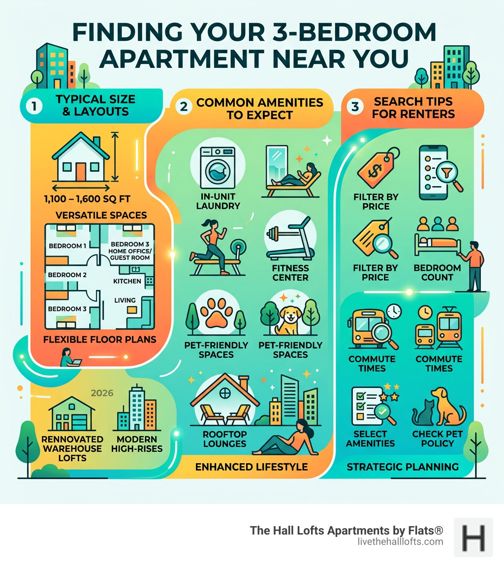Infographic showing key facts about 3 bedroom apartments for rent near me including size, amenities, and search tips - 3