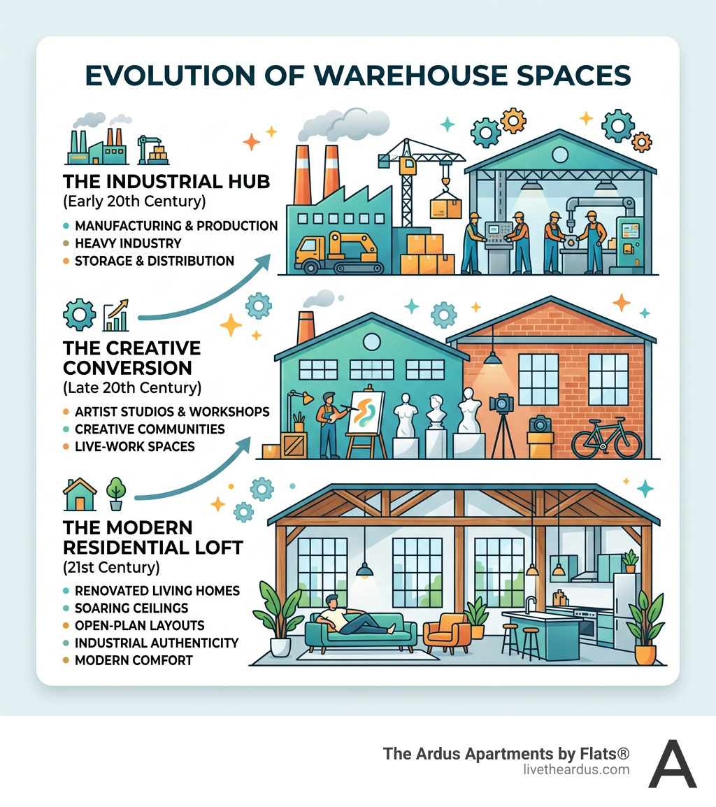 Infographic showing evolution of warehouse spaces from industrial hubs to residential lofts - Renovated warehouse living