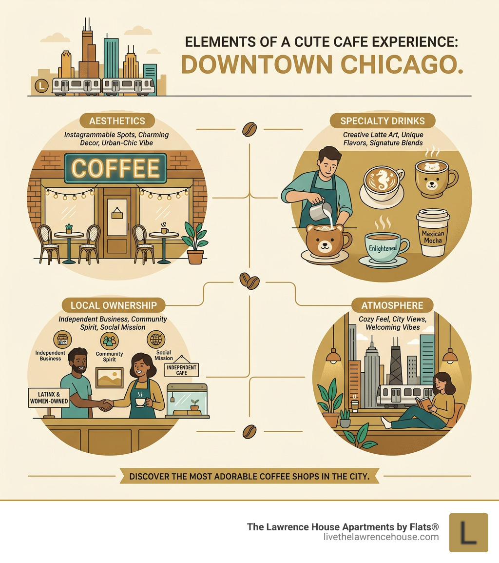 Elements of a cute cafe experience in downtown Chicago: aesthetics, specialty drinks, local ownership, and atmosphere - cute