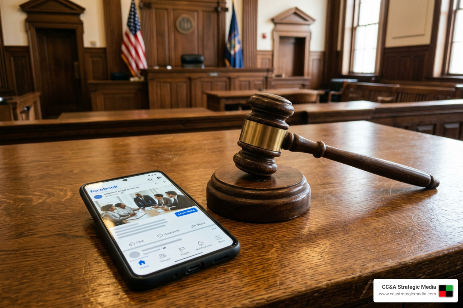 courtroom gavel next to a smartphone displaying a facebook ad - facebook ads for lawyers courtroom gavel next to a smartphone displaying a facebook ad - facebook ads for lawyers
