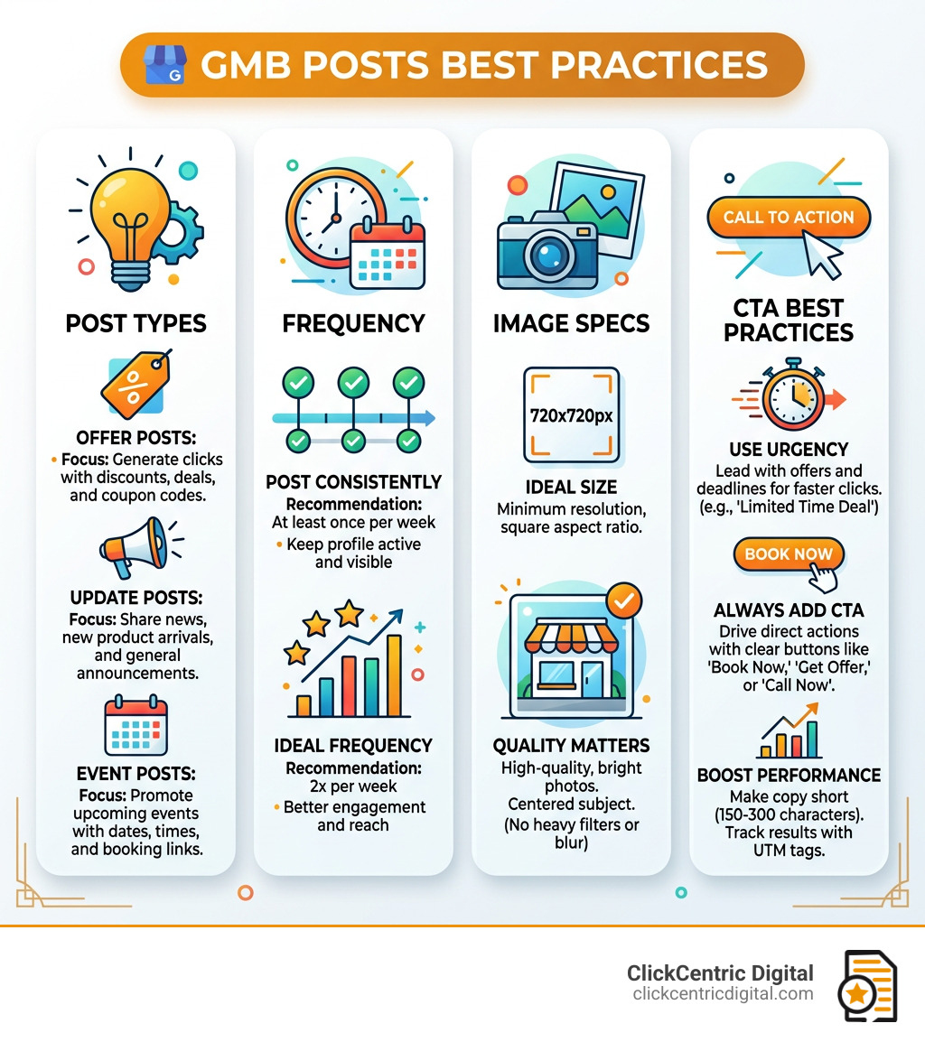 GMB post types, frequency, image specs, and CTA best practices infographic - gmb posts best practices infographic 