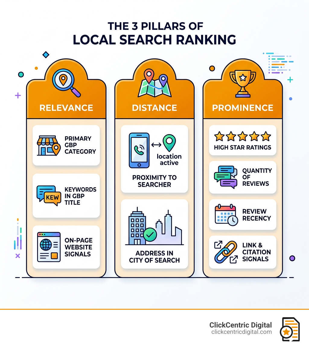 Infographic showing the 3 pillars of local search: Relevance, Distance, and Prominence with key ranking signals - gmb Infographic showing the 3 pillars of local search: Relevance, Distance, and Prominence with key ranking signals - gmb