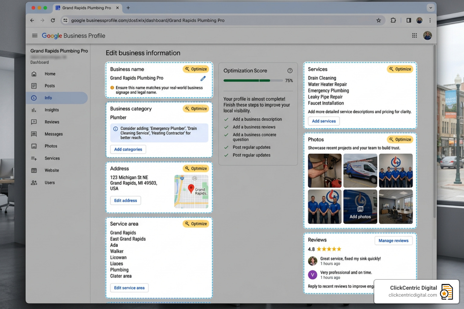 Google Business Profile dashboard showing optimization fields for local businesses - gmb ranking factors 2023 Google Business Profile dashboard showing optimization fields for local businesses - gmb ranking factors 2023