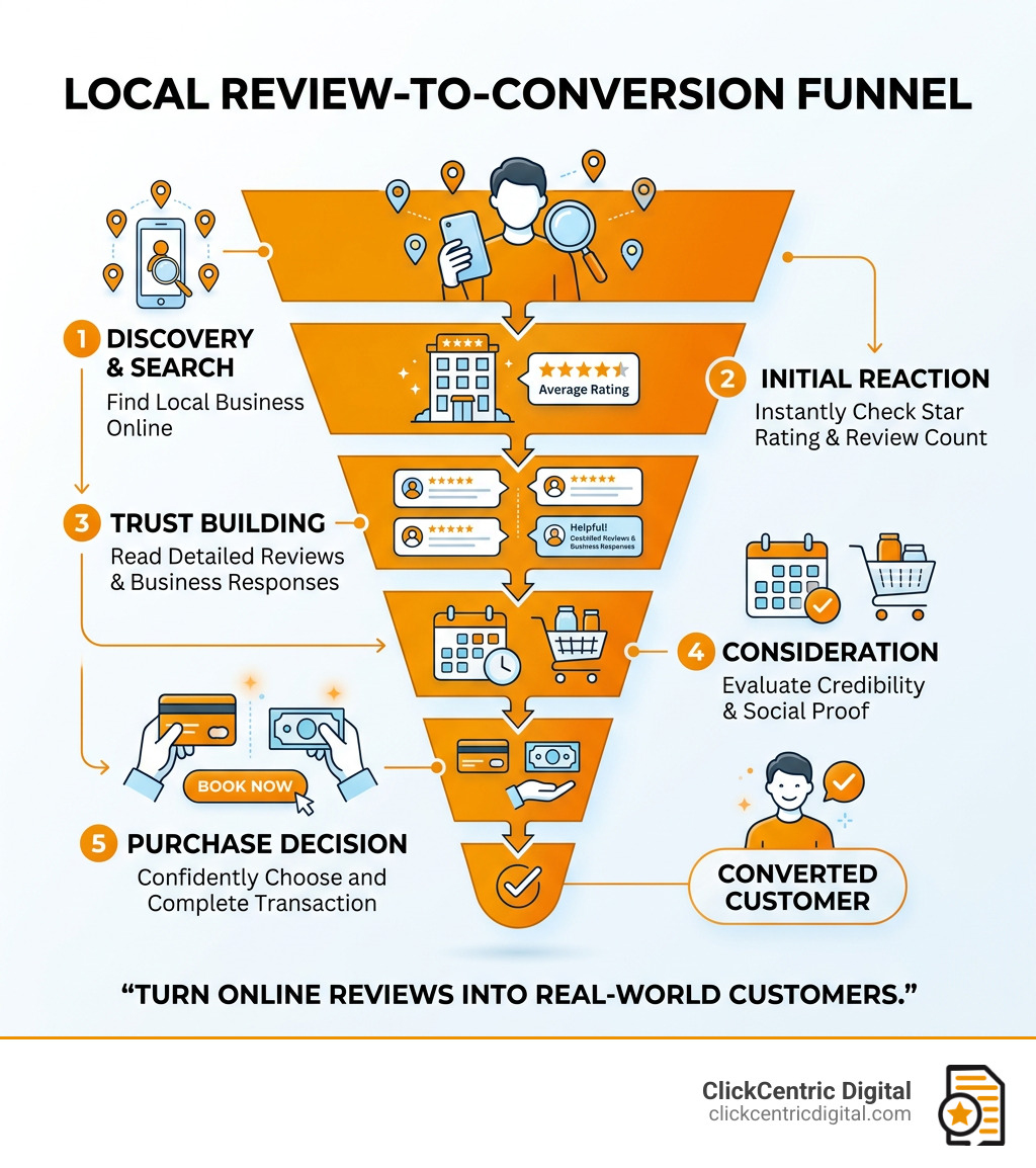 Local review-to-conversion funnel showing steps from discovery to purchase decision - local customer review management