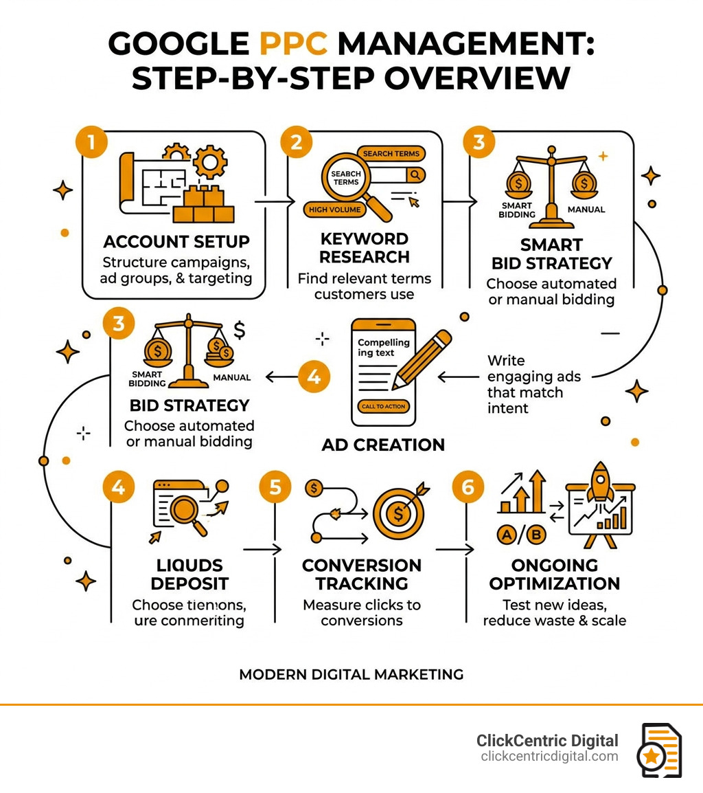 Step-by-step overview of Google PPC management: setup, keywords, bidding, ads, tracking, optimization - google ppc Step-by-step overview of Google PPC management: setup, keywords, bidding, ads, tracking, optimization - google ppc