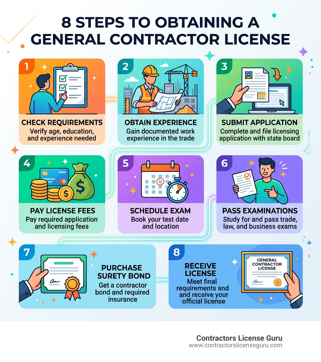 8 steps to obtaining a general contractor license infographic - general contractors test infographic 