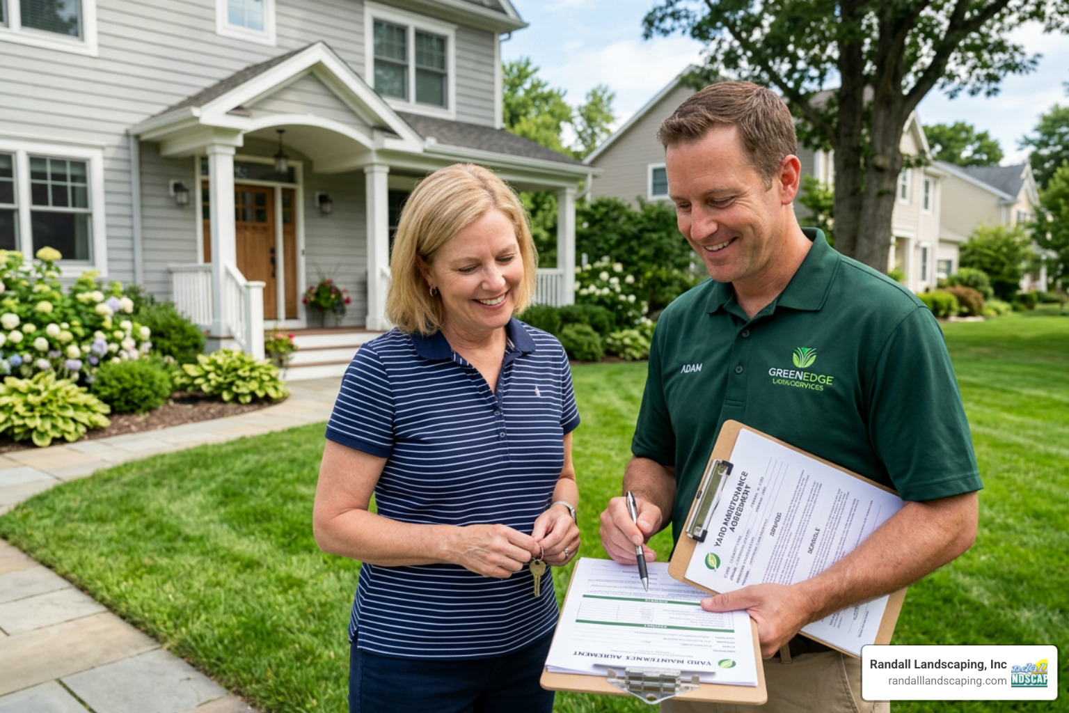homeowner and contractor reviewing a maintenance document - yard maintenance contract homeowner and contractor reviewing a maintenance document - yard maintenance contract