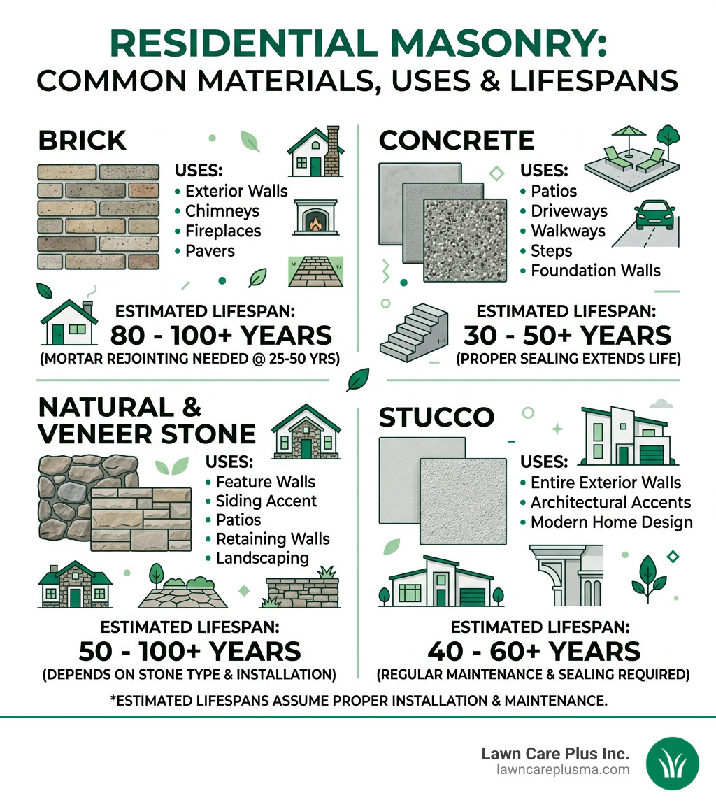Common masonry materials, their uses, and estimated lifespans in residential projects - Residential masonry services Common masonry materials, their uses, and estimated lifespans in residential projects - Residential masonry services