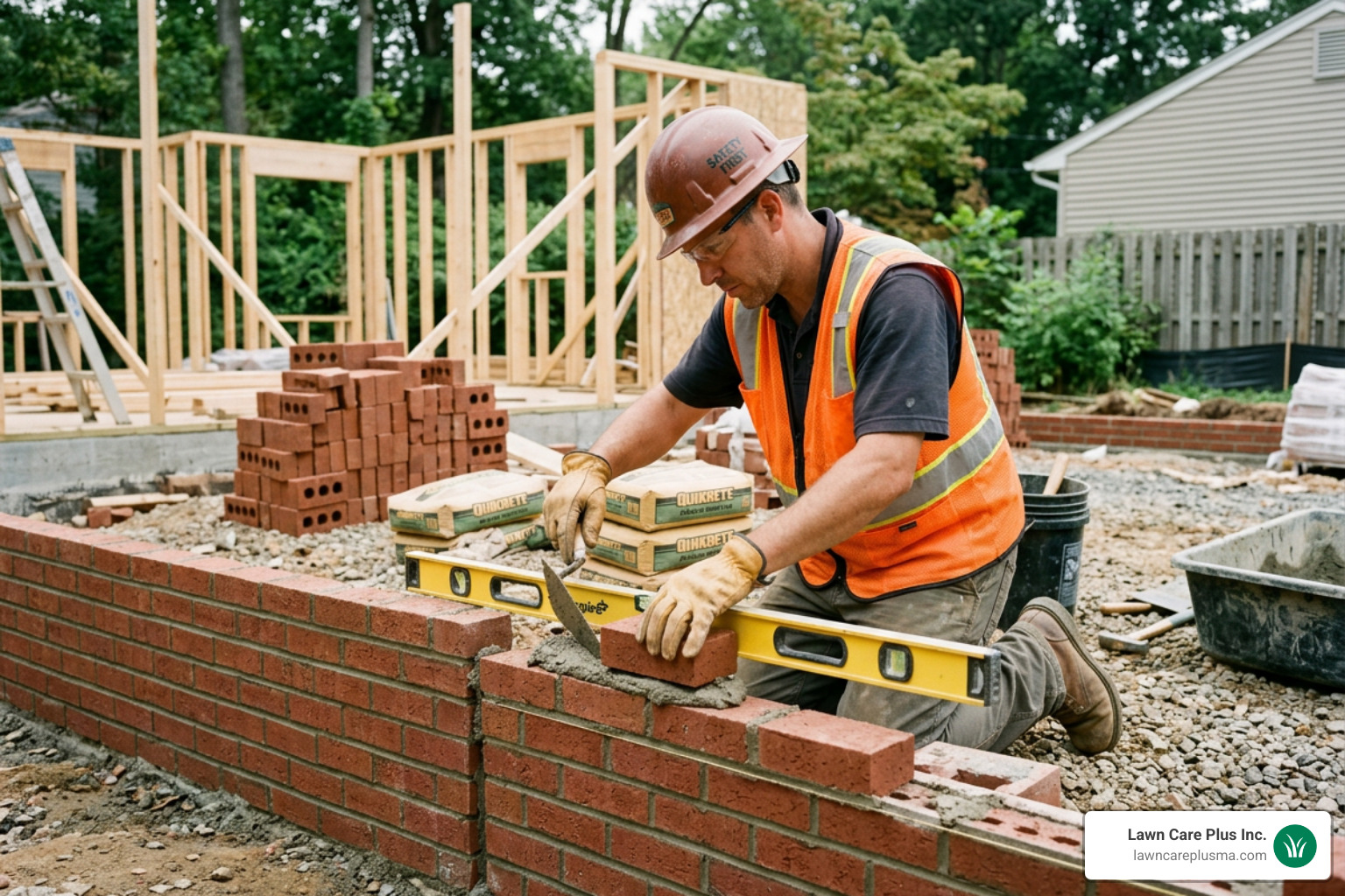 A professional mason carefully laying a brick foundation with precision - Residential masonry services A professional mason carefully laying a brick foundation with precision - Residential masonry services