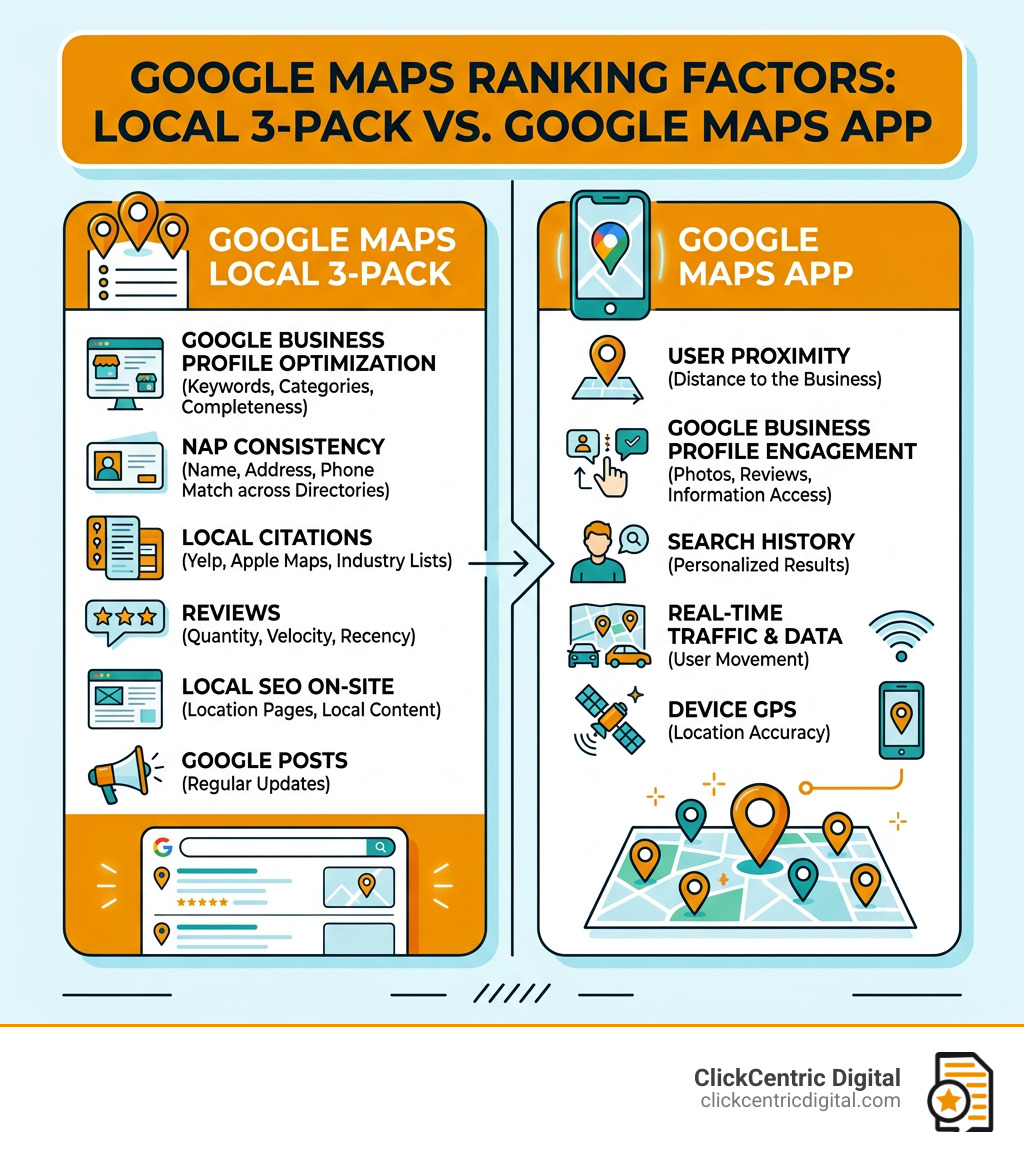 Google Maps Local 3-Pack vs Google Maps app ranking factors infographic - rank higher in google maps infographic Google Maps Local 3-Pack vs Google Maps app ranking factors infographic - rank higher in google maps infographic