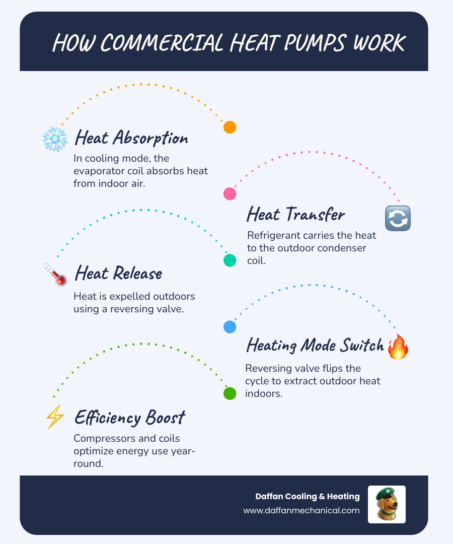 Infographic explaining how commercial heat pumps transfer heat for cooling and heating in Granbury TX businesses Infographic explaining how commercial heat pumps transfer heat for cooling and heating in Granbury TX businesses