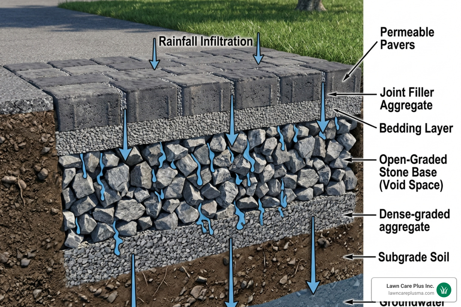 Cross-section diagram showing water infiltrating through pavers into stone base - Permeable driveway solutions