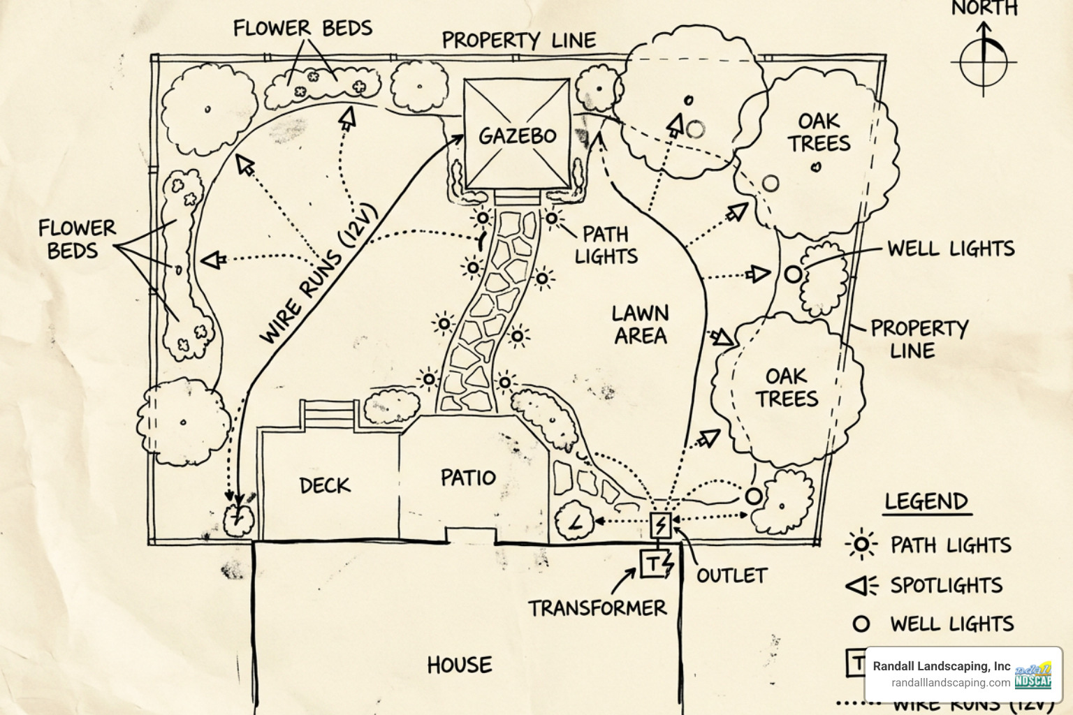 Hand-drawn garden lighting layout showing transformer location and wire runs - garden light installation