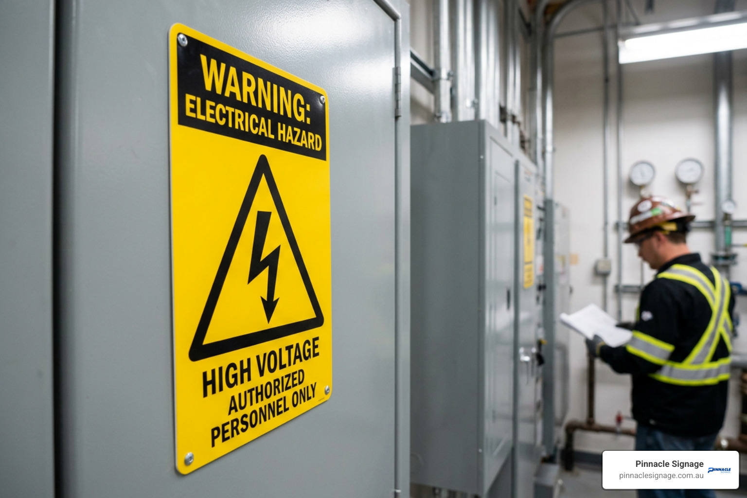 Industrial safety sign displaying a prominent electrical hazard logo and "High Voltage" warning on an electrical enclosure.