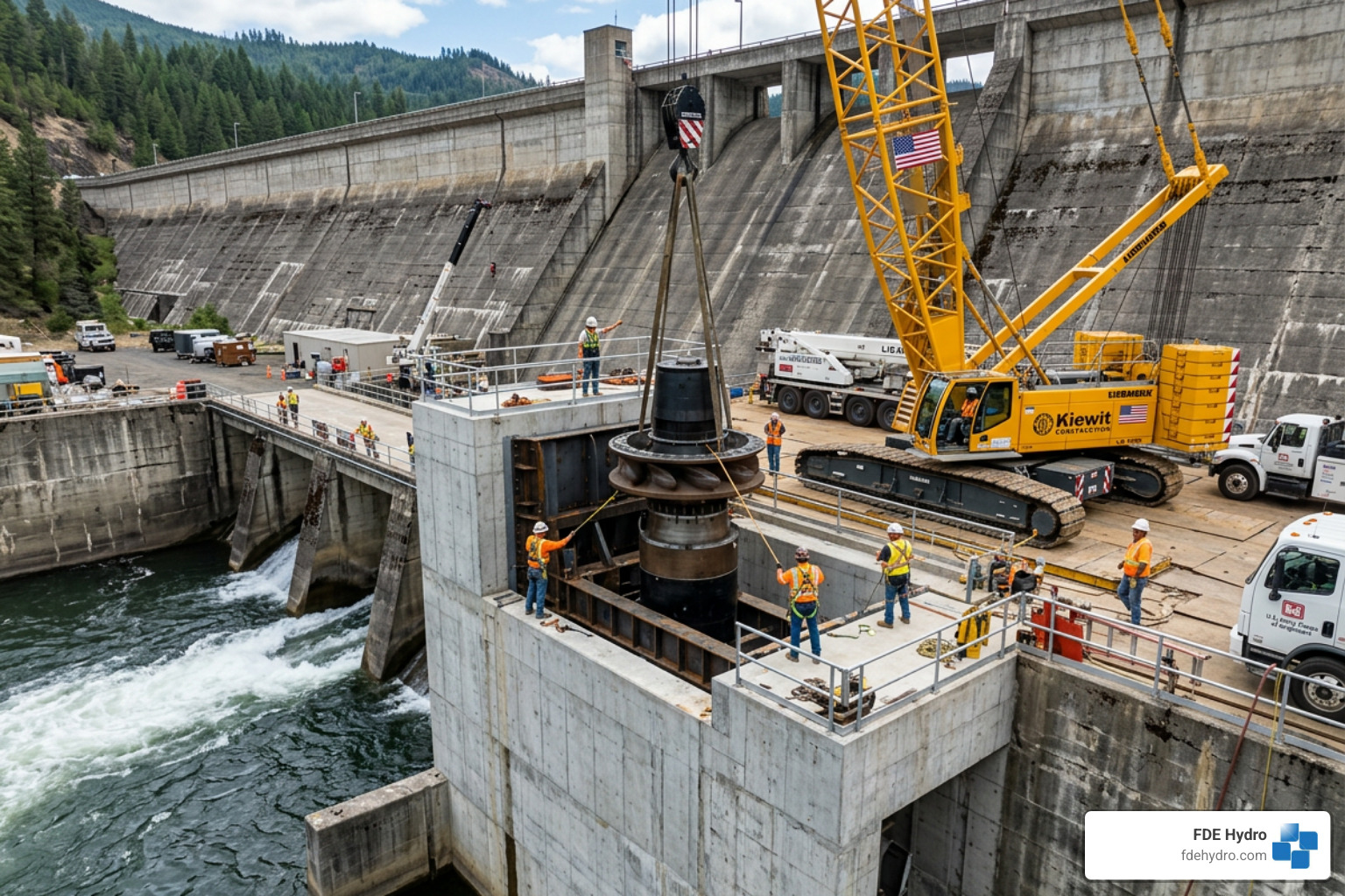 Modern turbine installation at an existing dam site - green energy dam retrofits