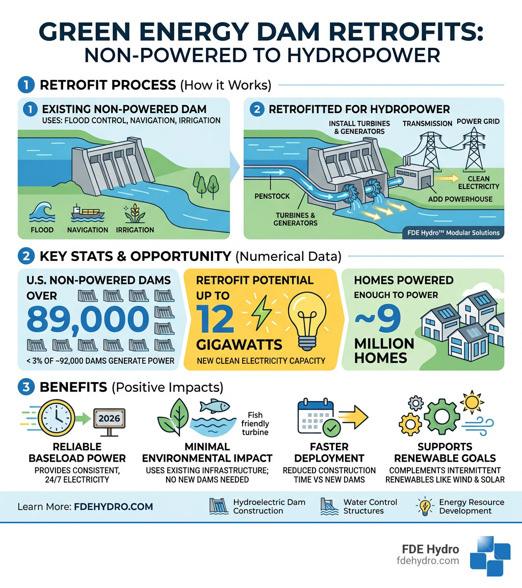 Infographic showing how a non-powered dam is retrofitted for hydropower generation, key stats, and benefits - green energy