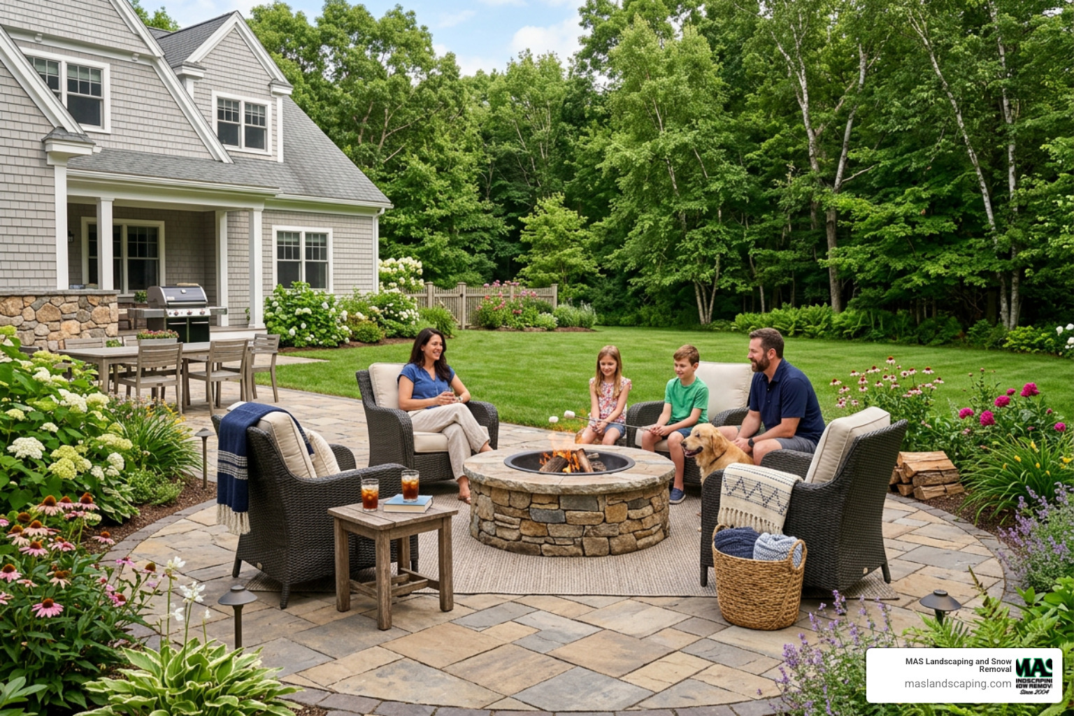 Custom paver patio design with integrated fire pit and seating area - Patio Installation Malden MA