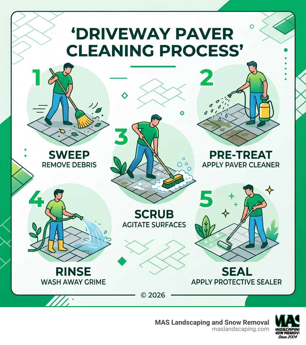 Infographic showing paver cleaning process steps: sweep, pre-treat, scrub, rinse, seal - Driveway paver cleaner infographic 