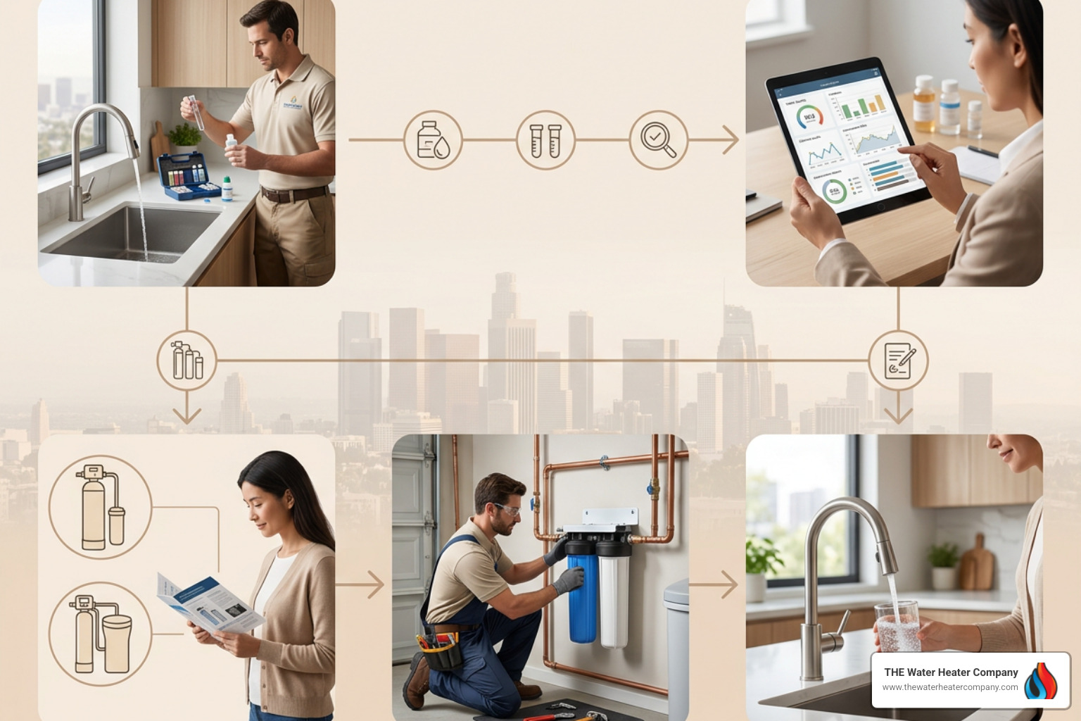 Infographic showing the residential water treatment process steps for Los Angeles homeowners from testing to system Infographic showing the residential water treatment process steps for Los Angeles homeowners from testing to system