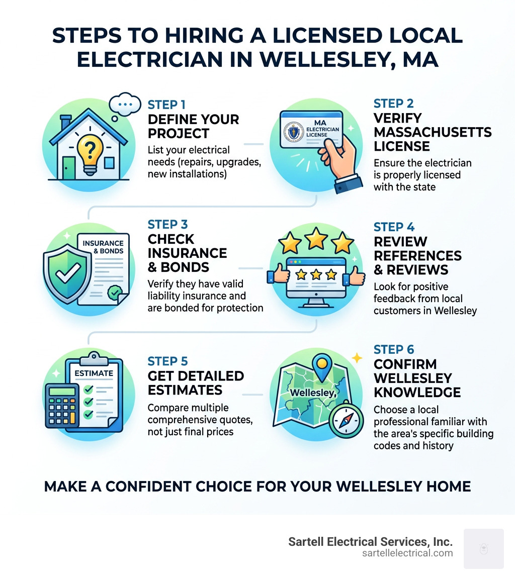 Steps to hiring a licensed local electrician in Wellesley MA - electrician wellesley ma infographic 