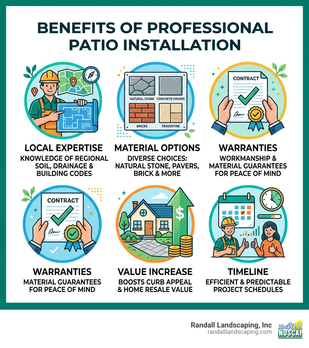 Infographic showing benefits of professional patio installation: local expertise, material options, warranties, value Infographic showing benefits of professional patio installation: local expertise, material options, warranties, value