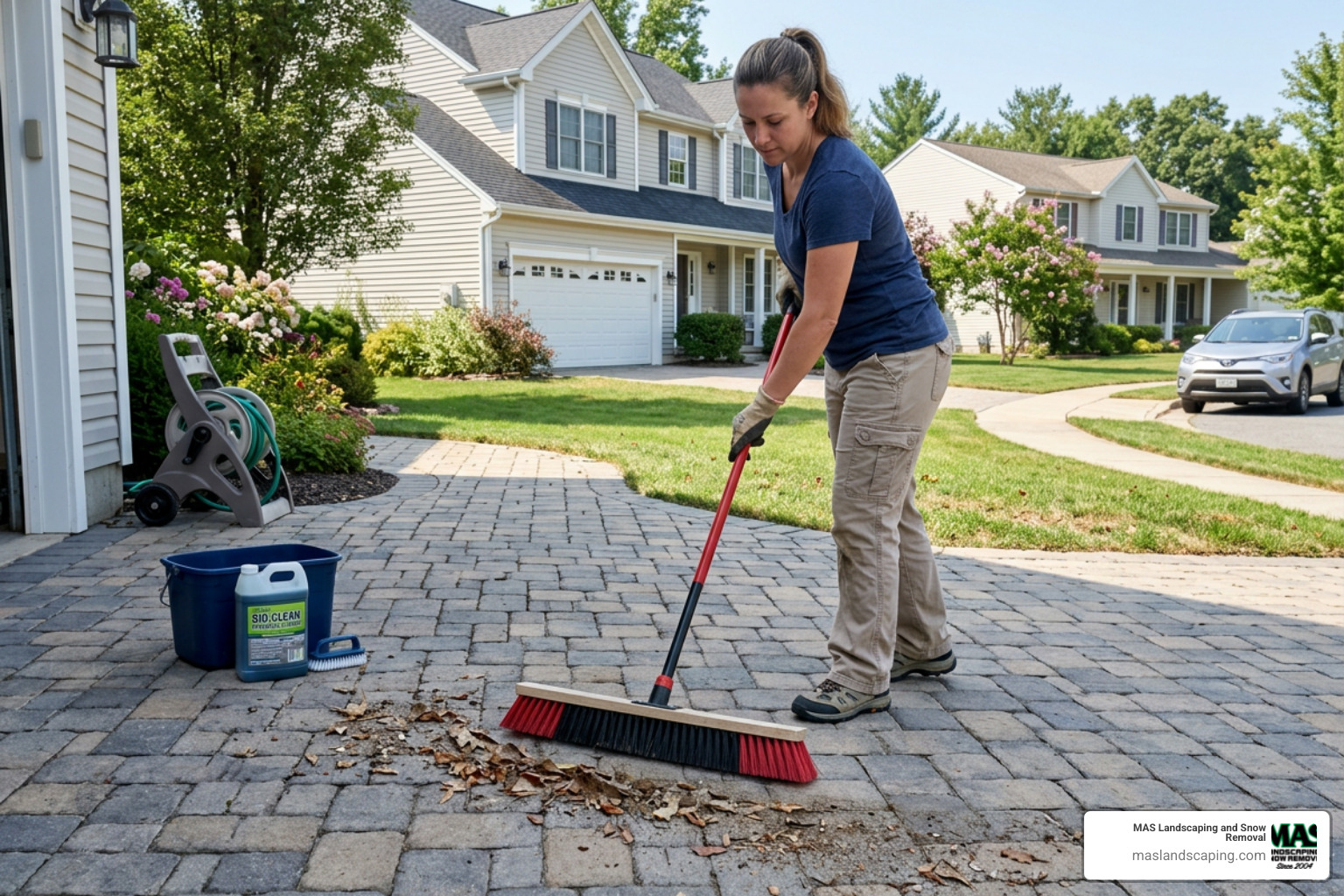Homeowner sweeping debris off a paver driveway before applying cleaner - Driveway paver cleaner