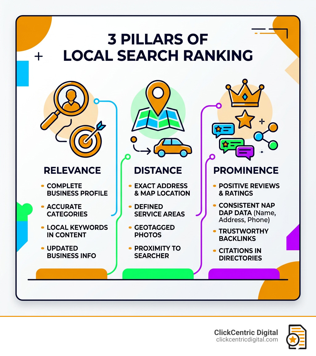 Infographic of the 3 pillars of local search ranking: Relevance, Distance, Prominence with key signals - local search Infographic of the 3 pillars of local search ranking: Relevance, Distance, Prominence with key signals - local search