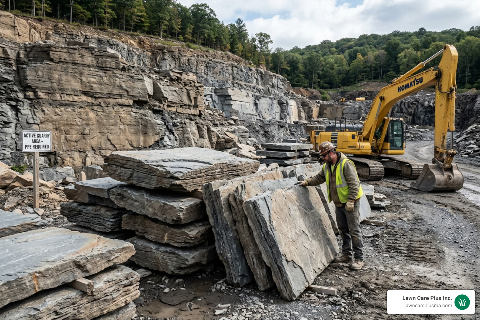 Raw bluestone slabs at a quarry showing natural stratification - blue stone pavers