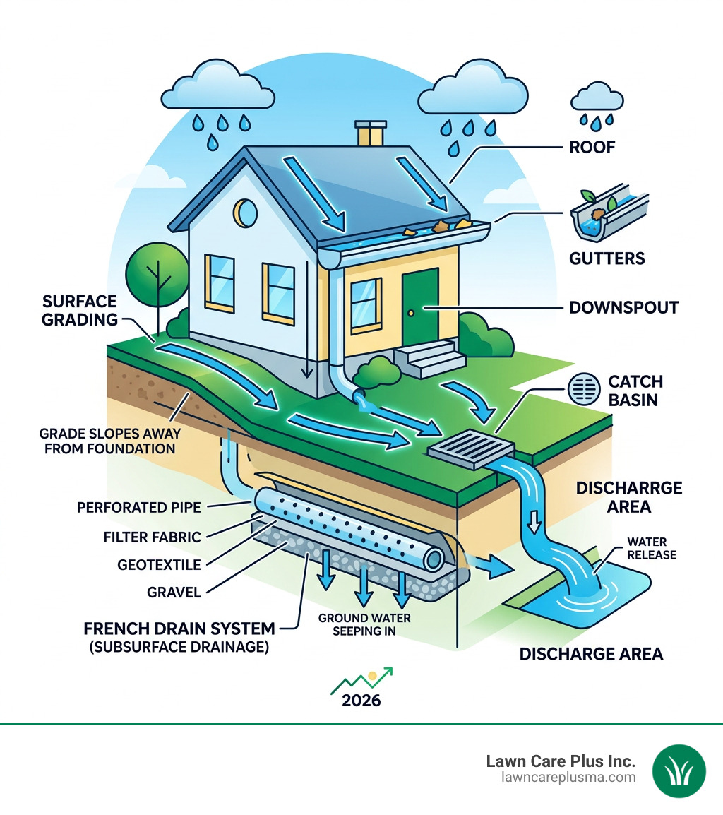 Infographic showing water flow from roof through gutters, downspouts, surface grading, and into subsurface French drain