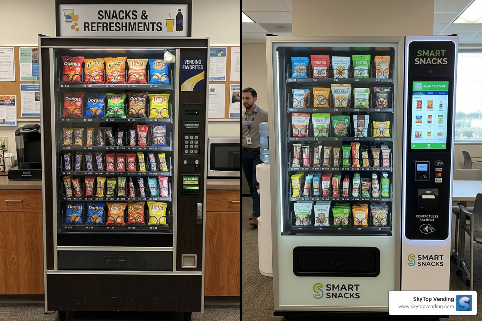 Comparison of traditional coil vending machine versus modern glass-front smart machine - how do smart vending machines work Comparison of traditional coil vending machine versus modern glass-front smart machine - how do smart vending machines work