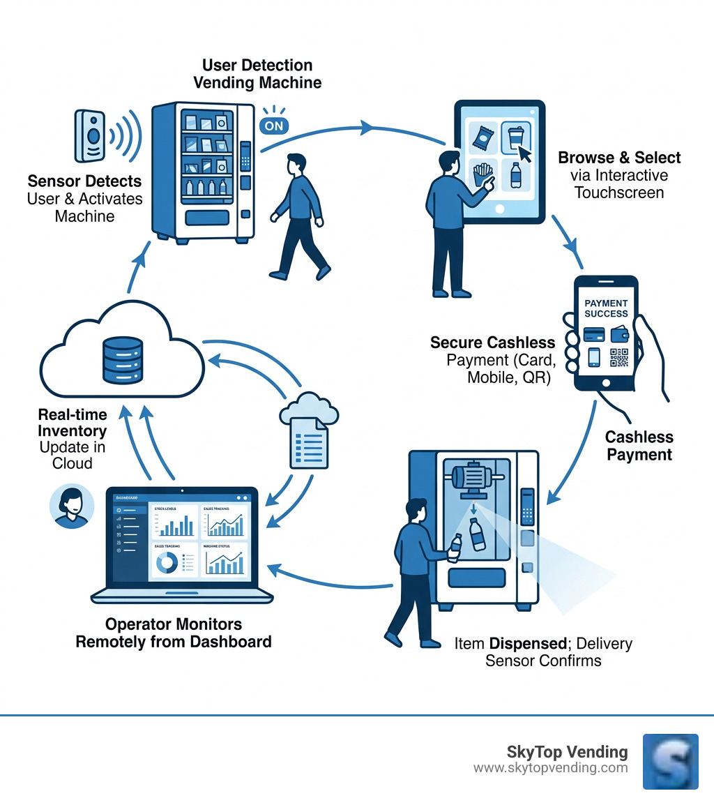 Smart vending ecosystem infographic: sensors detect user, touchscreen selection, cashless payment, dispensing, cloud Smart vending ecosystem infographic: sensors detect user, touchscreen selection, cashless payment, dispensing, cloud