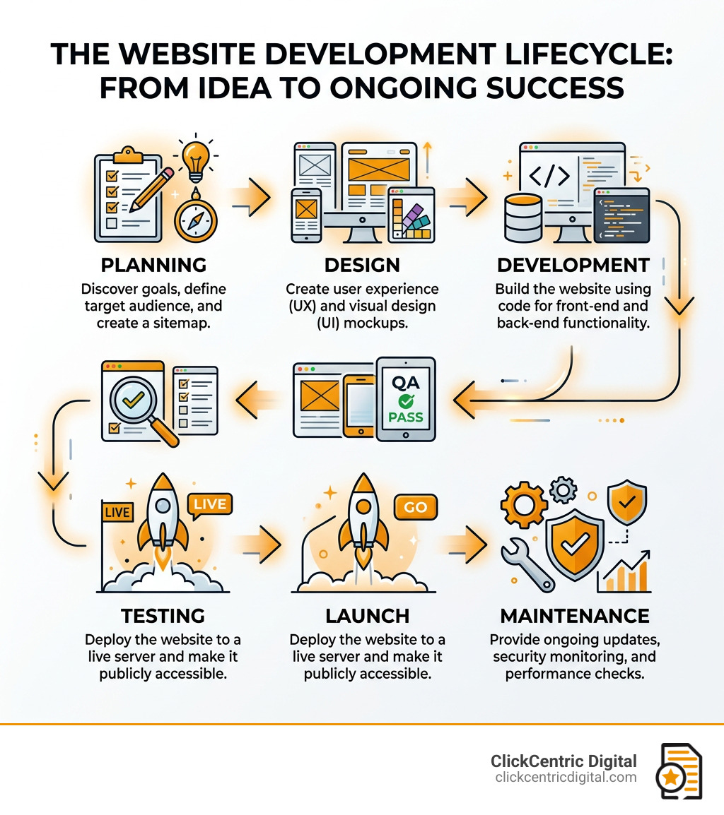 website development lifecycle infographic showing stages from planning to launch and maintenance - website development