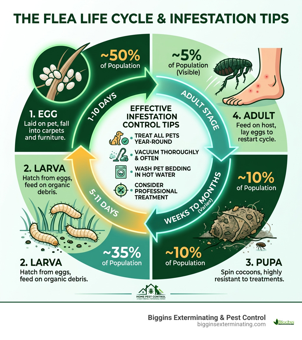 Four stages of the flea life cycle: egg, larva, pupa, adult flea with timeline and infestation tips - flea control Dracut MA