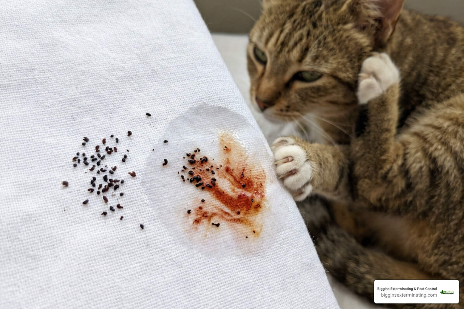 flea dirt on white fabric and scratching pets - flea control Dracut MA