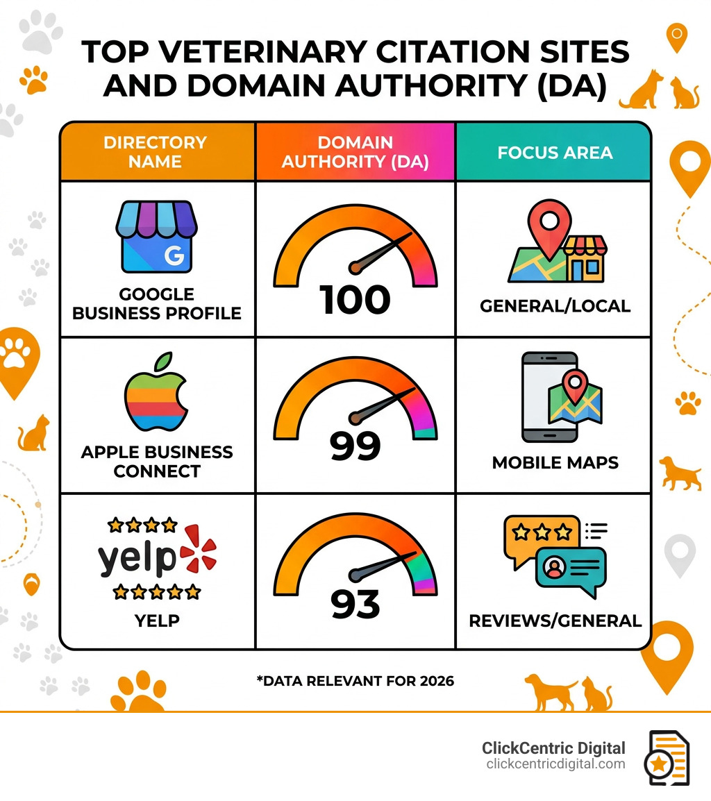 table comparing top veterinary citation sites and their domain authority - local seo for veterinarians infographic 