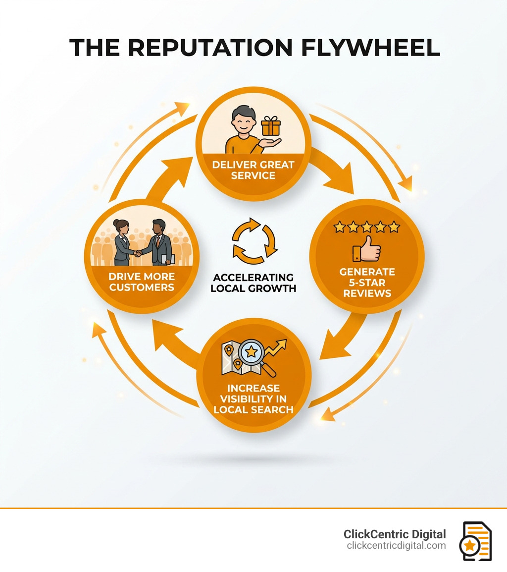 Reputation Flywheel infographic showing how great service leads to 5-star reviews which drives more customers - generate Reputation Flywheel infographic showing how great service leads to 5-star reviews which drives more customers - generate