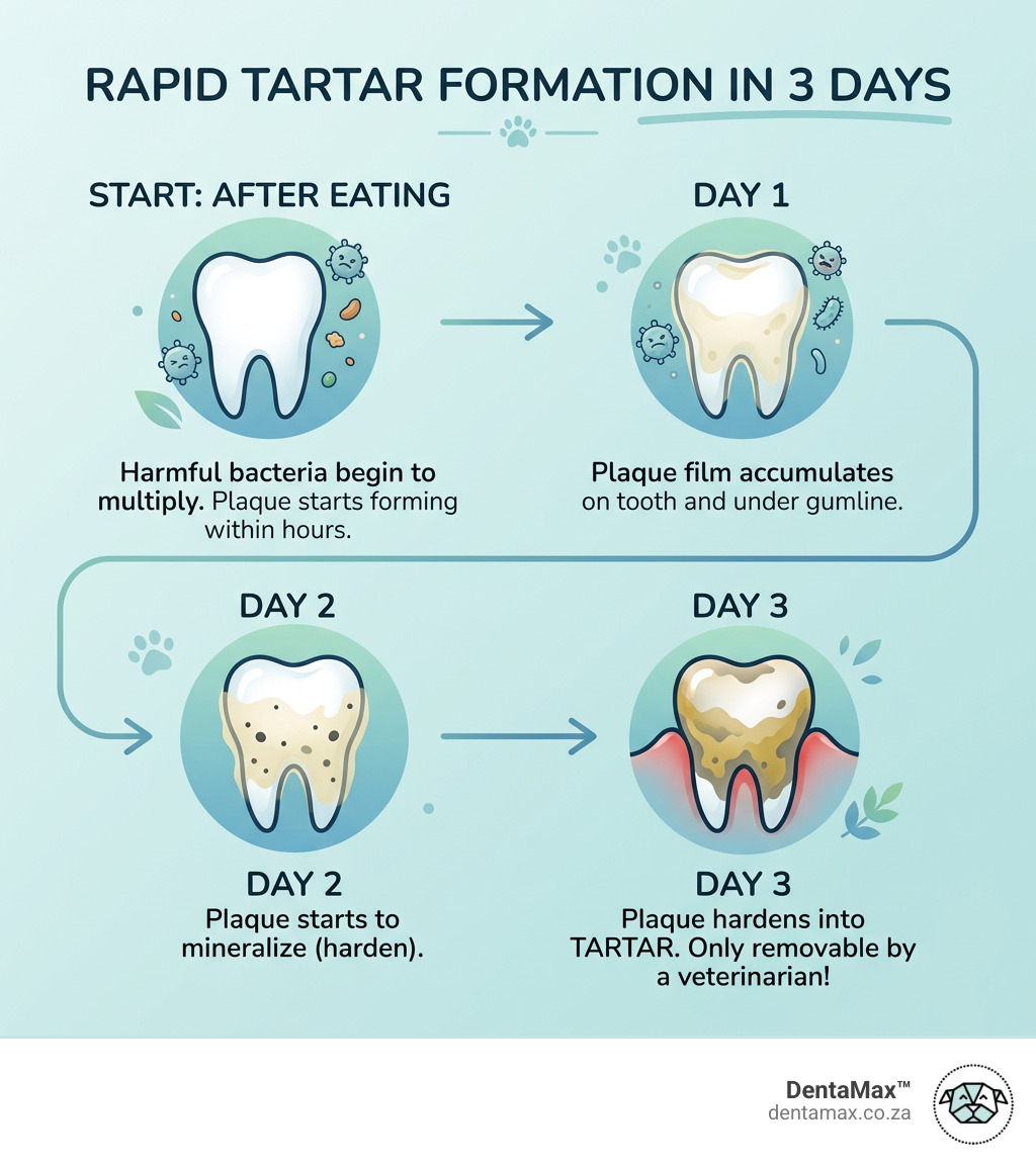 Timeline showing plaque forming on dog teeth and hardening into tartar within three days - best dental chews for dogs