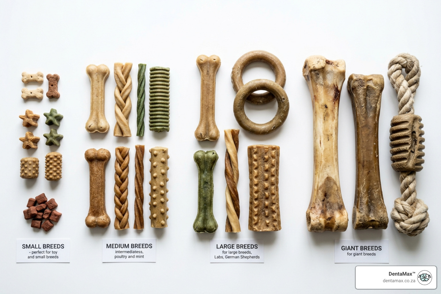 various dental chew sizes and shapes for different dog breeds - best dental chews for dogs