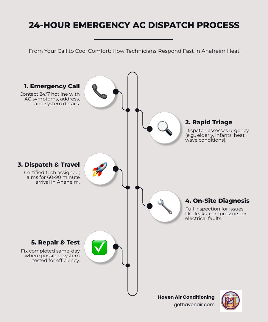Infographic showing the 24-hour emergency AC dispatch process steps from call to repair completion - 24 hour ac maintenance Infographic showing the 24-hour emergency AC dispatch process steps from call to repair completion - 24 hour ac maintenance