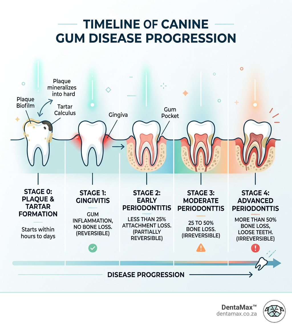 Timeline infographic from plaque biofilm formation to Stage 4 bone loss in dogs - gum disease stages dogs infographic 