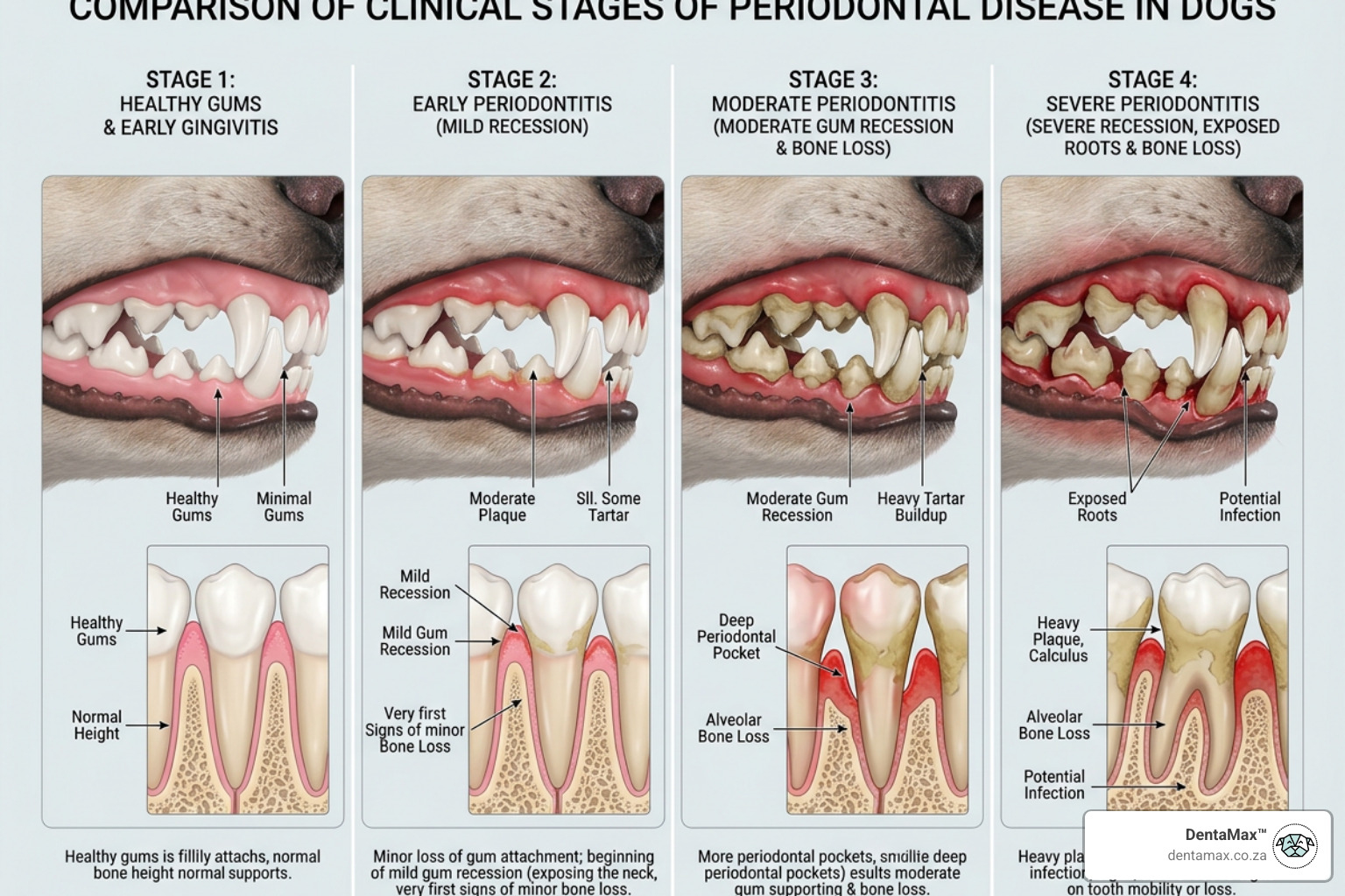 The four clinical stages of periodontal disease in dogs showing gum recession and bone loss - gum disease stages dogs