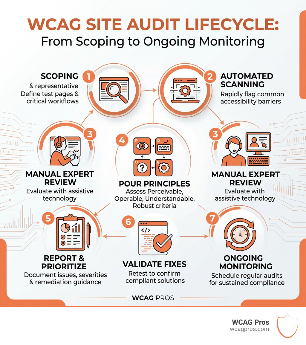 Step-by-step WCAG site audit lifecycle from scoping to ongoing monitoring: Comprehensive WCAG site audit infographic Step-by-step WCAG site audit lifecycle from scoping to ongoing monitoring: Comprehensive WCAG site audit infographic