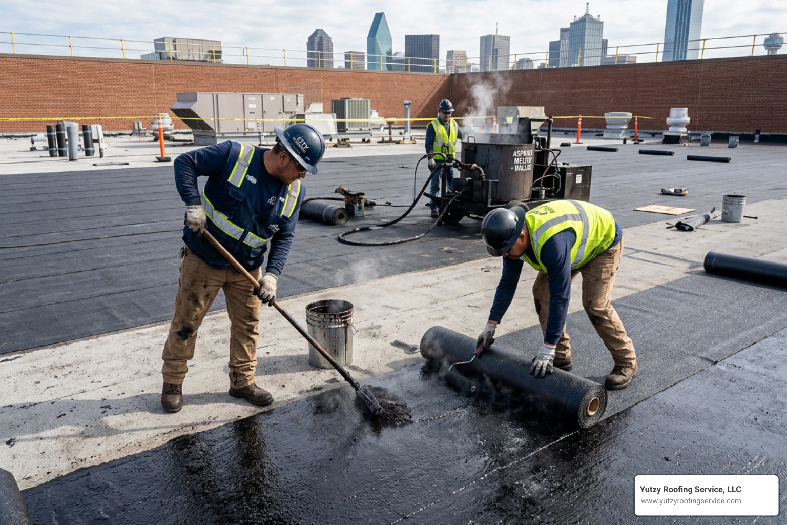 Roofing felt and hot bitumen application on a commercial flat roof - commercial roofing tar gravel repair Roofing felt and hot bitumen application on a commercial flat roof - commercial roofing tar gravel repair