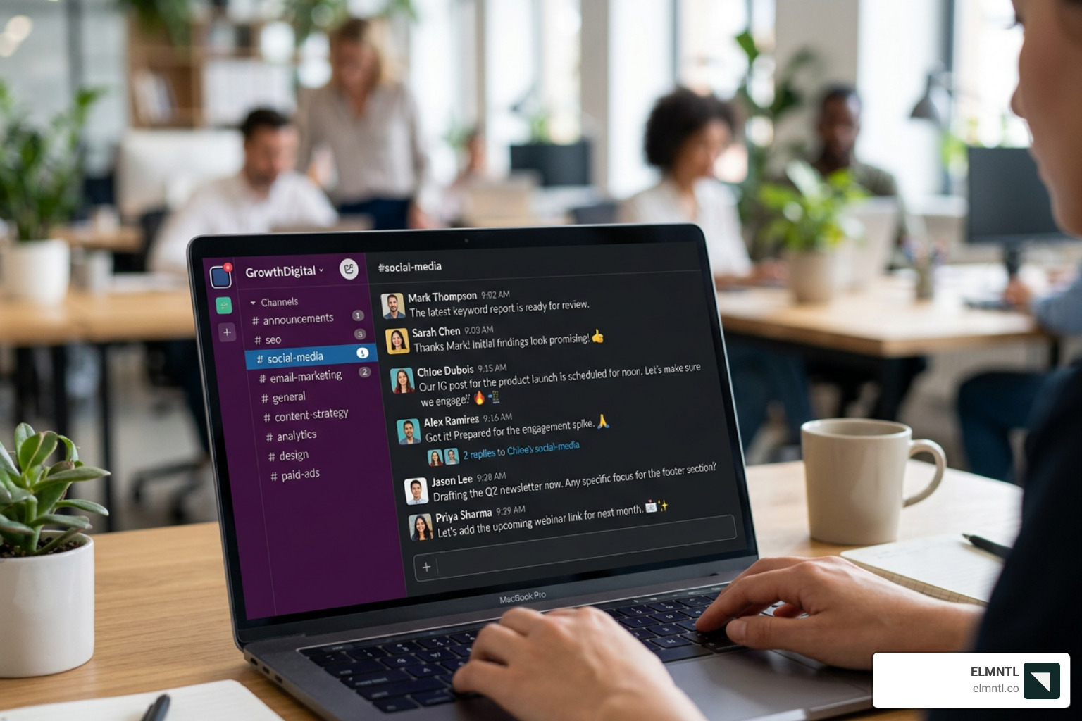 Slack workspace interface showing various marketing channels and active discussions - digital marketing slack channels